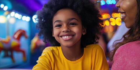 A young girl with curly hair is smiling at the camera. She is wearing a yellow shirt. The scene takes place in a carnival or amusement park