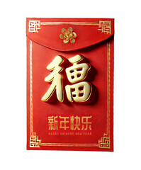 A vibrant red angpao with gold accents, featuring a dragon motif and traditional Chinese characters, isolated on white background. Generative AI adds detail and elegance.