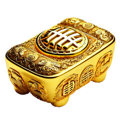 A 3D-rendered ornate gold ingot with intricate Chinese patterns and symbolic carvings, isolated on white background. Clipping path included. Designed using generative AI for cultural themes.