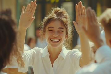 Overjoyed successful young diverse employees giving high five at corporate meeting, celebrating business achievement, teamwork result, happy colleagues engaged in team building activity, Generative AI