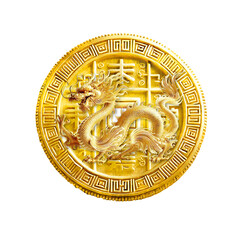 A 3D-rendered Chinese gold coin with intricate traditional patterns and a square cutout center, isolated on white background. Clipping path included. Designed using generative AI for cultural themes.