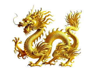 A 3D-rendered golden Chinese dragon with intricate scales, flowing mane, and dynamic pose, isolated on white background. Clipping path included. Designed using generative AI for cultural themes.