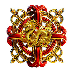 A luxurious Chinese golden dragon ornament interwoven with vibrant red threads, showcasing detailed craftsmanship and cultural heritage, isolated on white background. Designed using generative AI.