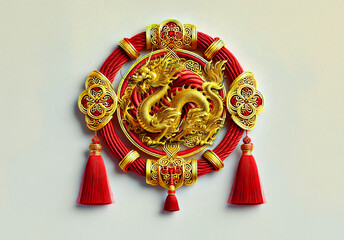 A luxurious Chinese golden dragon ornament interwoven with vibrant red threads, showcasing detailed craftsmanship and cultural heritage Designed using generative AI.