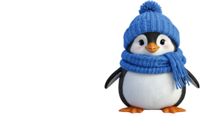 cute penguin wearing winter hat and scarfs, isolated png transparent background
