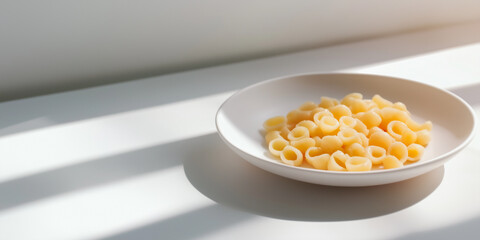 A simple plate of pasta on a white surface with soft gradients, emphasizing minimalist elegance