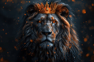 Naklejka premium lion with crown, grayscale, portrait, realistic style, dark background, golden highlights,. 