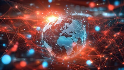 A digital Earth surrounded by dynamic red and blue network connections, glowing softly