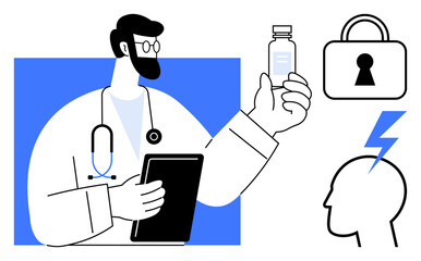 Doctor holding a medication bottle and a clipboard, security lock icon, head with lightning bolt symbol. Ideal for medical, pharmaceuticals, mental health, data security, healthcare technology