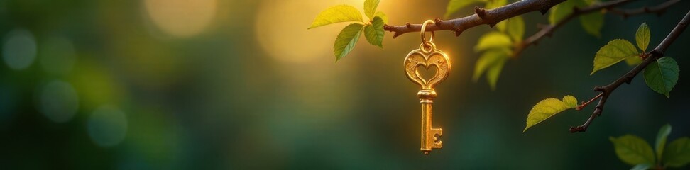 Obraz premium Luminous golden key dangles from twig, blurred background, glowing, fairy