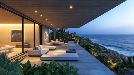 Obraz premium Modern cliffside patio, ocean view, evening.