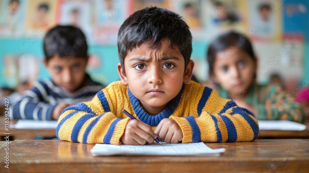 Poster a focused child taking a test in a classroom setting.