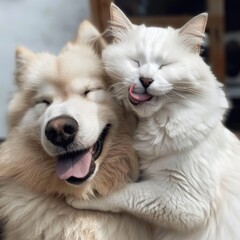 Obraz premium A Cat and Dog Hugging Each Other