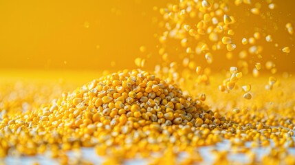 Vibrant yellow corn kernels cascade over a surface, creating a dynamic and colorful scene, Ideal for food-related projects, agriculture themes, or culinary advertisements,