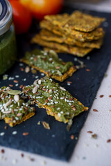 Healthy snack - homemade bread and basil pesto