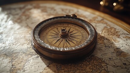 Antique compass rests on aged map.