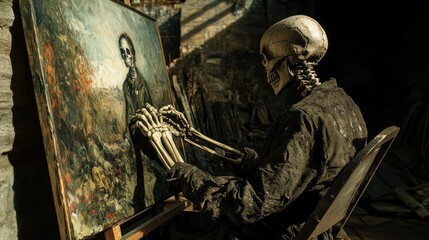 Skeleton artist painting self-portrait in dark studio.