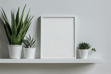 White wall with black frame mockup, plants on the side, lamp hanging from the ceiling, minimalist style, white floor, modern design studio, soft light, boho vibes, clean background