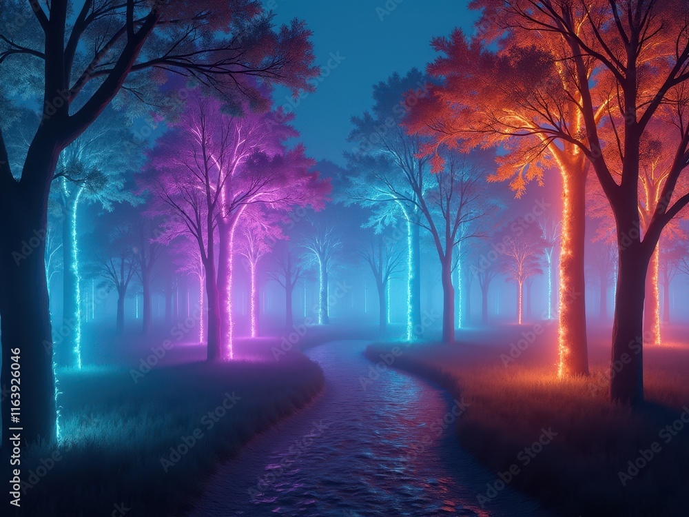 Poster illuminated forest with vibrant trees and a winding river at twilight creating a surreal and tranqui