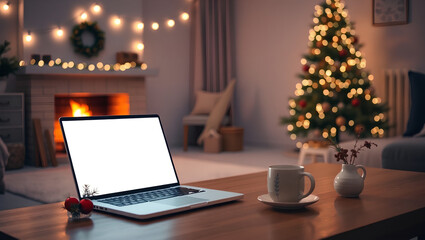 A close-up of a laptop on a coffee table in a minimalist living room on the Christmas night