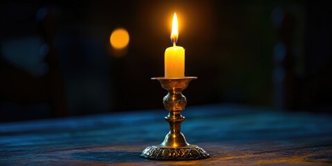 A vintage candle stick holder with a flickering candle, creating a nostalgic atmosphere.