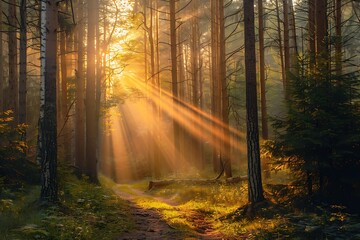 Naklejka premium Sunbeams illuminate a tranquil forest path at sunrise. Tall trees stand majestically, casting long shadows. A serene and peaceful atmosphere pervades the scene.