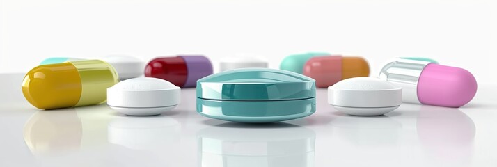 Close-up of colorful pills and tablets in various shapes, resembling a garden of Earth-toned pharmaceutical capsules. Isolated on a white background with copy space, featuring ultra-realistic detail i