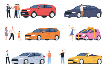 Vector illustration of car purchase and rental concept with cars, price tags, keys, and contract documents on a clean background. Ideal for automotive and business themes. Vector illustration