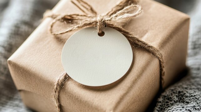 A beautifully wrapped gift with a blank tag for personalization, perfect for seasonal promotions, birthday invitations, or marketing materials, Ideal for conveying a warm, thoughtful message,