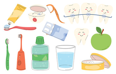 Child dental care set. Objects for brushing and teeth care. Child dentistry. Vector illustration
