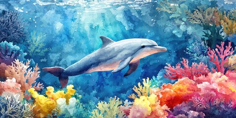 Fototapeta premium A watercolor-style illustration of a dolphin swimming through a vibrant coral reef.