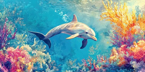 Fototapeta premium A watercolor-style illustration of a dolphin swimming through a vibrant coral reef.