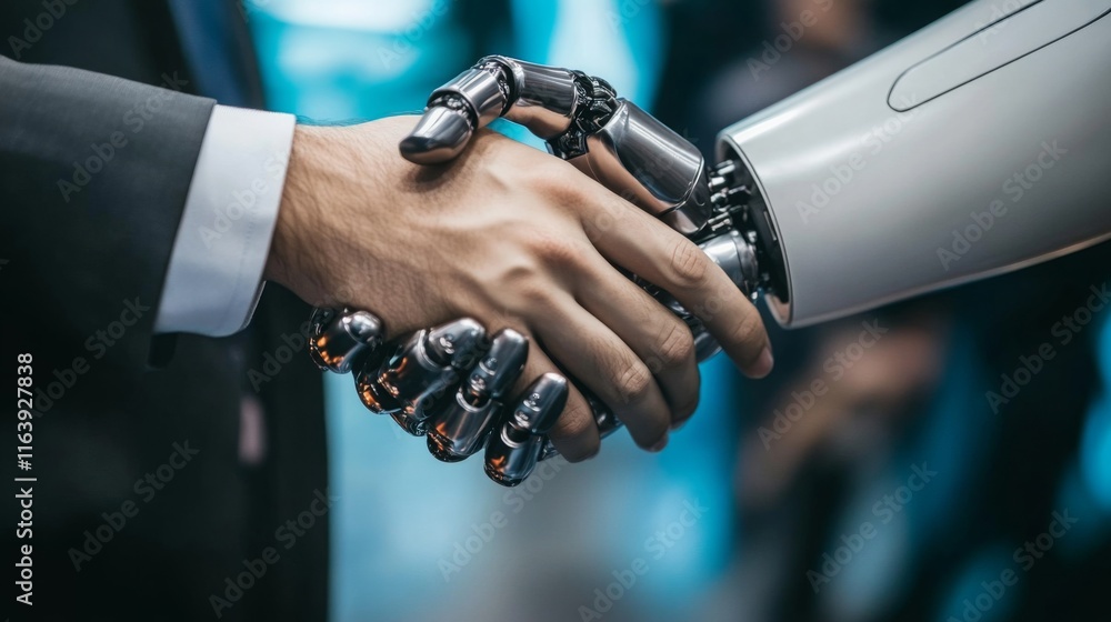 Poster A robotic hand shakes hands with a human, symbolizing collaboration between technology and humanity in a modern setting.