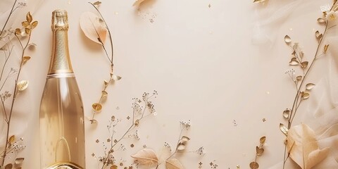 Festive celebration with champagne bottle, glittering confetti, and golden ribbons on beige background. Flat lay composition highlighting joy and party 