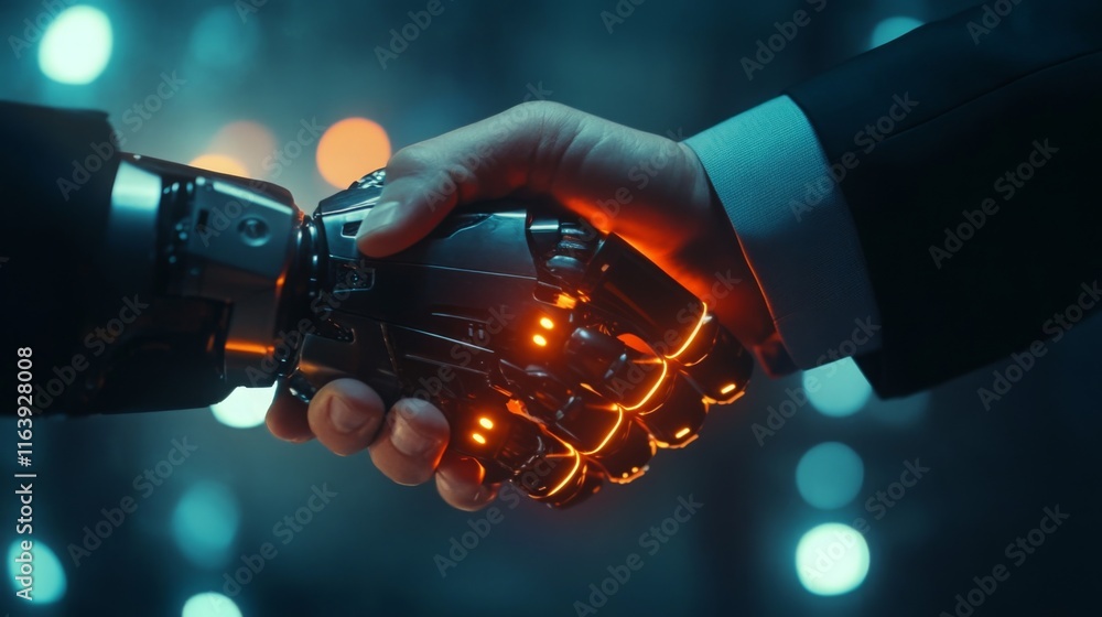 Fototapete businessman and robot handshake about tech innovation, machine learning progress and partnership wit