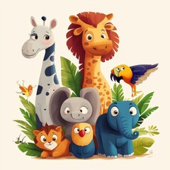 Naklejka premium Adorable Cartoon Safari Animals Gather Together In Jungle Foliage
