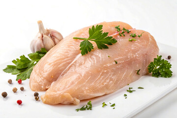 Fresh chicken breasts with herbs and garlic ready for preparation