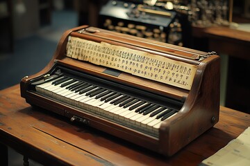 Antique Wooden Keyboard Instrument with Asian Script