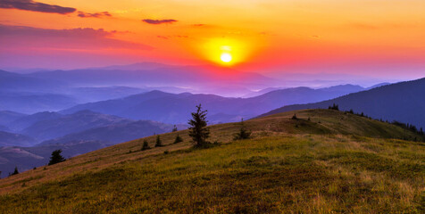 summer nature scenery, scenic sunset view in the mountains, Carpathian mountains, Ukraine, Europe	