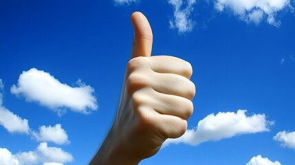 A close-up of a hand giving a thumbs-up against a bright blue sky with clouds, symbolizing positivity and approval