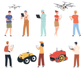 Smart farming. People control agricultural transport on tablets, remote controls. Automated production in farming. Agricultural drones, ground and flying. Vector illustrations