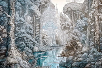 Fototapeta premium fairy forest with a high degree of detail, made in watercolor style 
