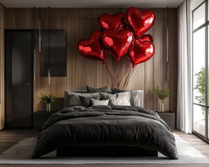 Japanese interior design of a modern bedroom filled with red heart shaped balloons. Declaration of love. Banner. Celebrating Valentine's Day