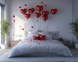 Japanese interior design of a modern bedroom filled with red heart shaped balloons. Declaration of love. Banner. Celebrating Valentine's Day