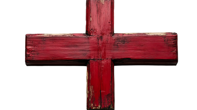 A red painted wooden cross on a white background.