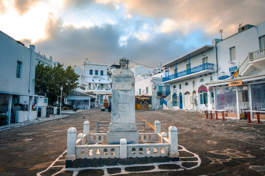 Mykonos, Greece - 20 May 2018: Monument of Manto Mavrogenous in Mykonos, Greece