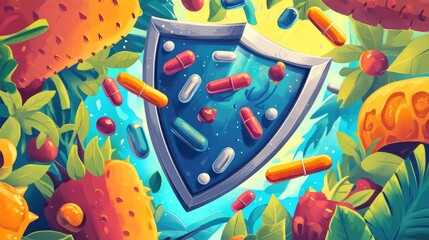Fototapeta premium Shield protecting vitamins and supplements amidst tropical fruits.