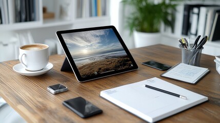 Fototapeta premium Tablet Computer on Wooden Table