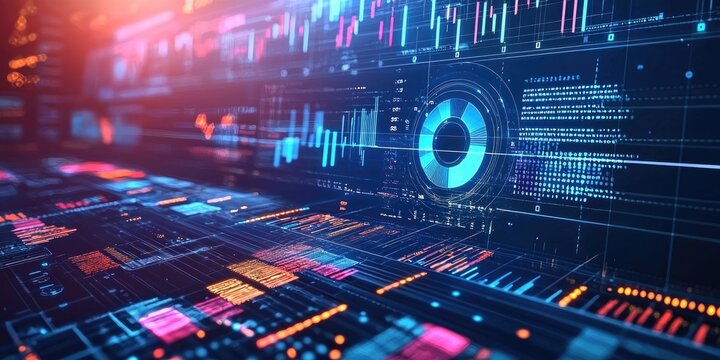 Abstract infographic design featuring pie charts, bar graphs, and vibrant visuals.