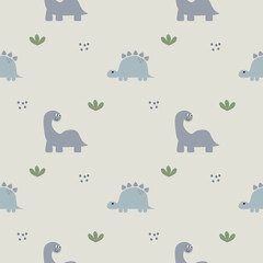 Dinosaur cartoon so cute. On grass background. Pattern seamless vector illustration. 